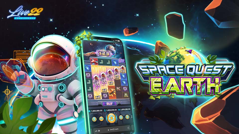 A colorful, animated image shows a cartoon astronaut with a cosmic slot machine on a phone screen, planets, asteroids, and the text “Space Quest Earth”—highlighting the New Slot Game with the Live22 logo in the top left corner.