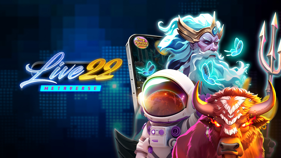 A digital illustration features the text Live22 Metaverse alongside a bearded sea god holding a trident, an astronaut, and a glowing red bison with butterflies, capturing the excitement of online game slot Malaysia against a dark, futuristic background.