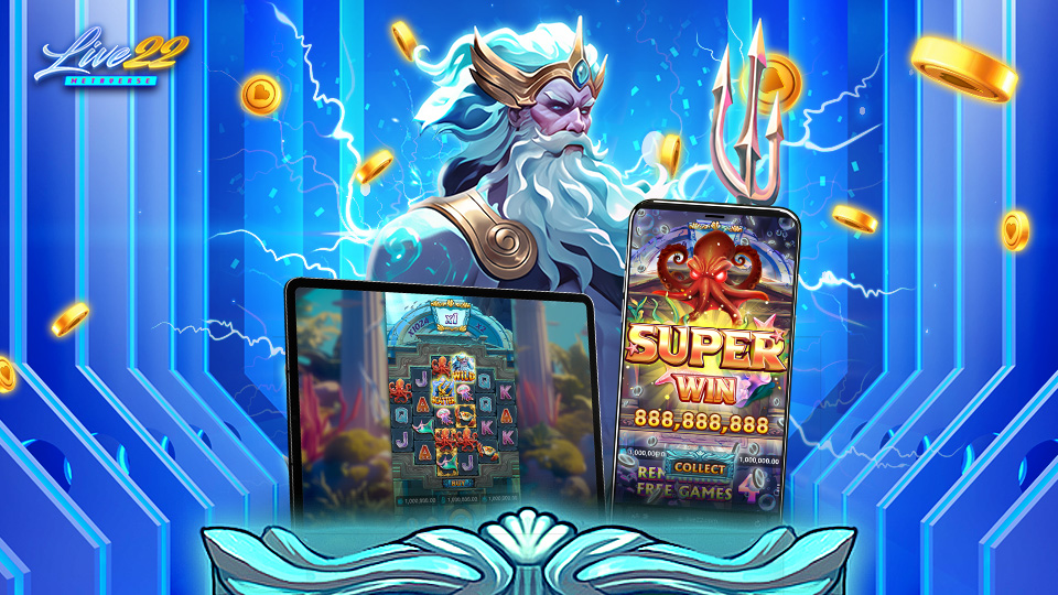 A fantasy God Poseidon with a trident stands behind two Online Slots machines displaying bright icons and gold coins, with one screen showing a SUPER WIN message. Blue and gold colors dominate the background and the Live22 Online Slots logo.