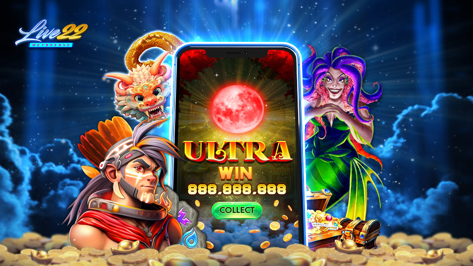 A vibrant casino game screen shows ULTRA WIN 888,888,888 on a phone, surrounded by a fantasy warrior, a purple-haired woman, a dragon, and piles of gold coins—perfect for fans of Online Gaming—with the Live22 logo in the top left.