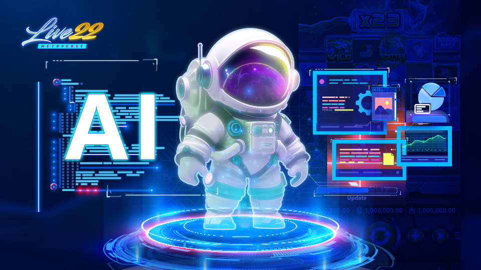 A 3D-rendered astronaut stands on a glowing platform, surrounded by digital data panels and charts. Large “AI” text hints at AI for Next-Gen Slot Game Development, with a futuristic Live22 logo above, embracing a space and technology theme for slot games