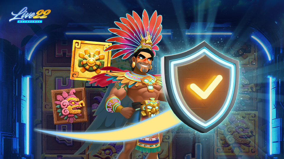 An animated Aztec warrior in vibrant clothing stands smiling with golden artifacts, a feathered headdress, and a glowing shield with a checkmark. Colorful ancient patterns and the Live22 Online Slots logo enhance the lively background.