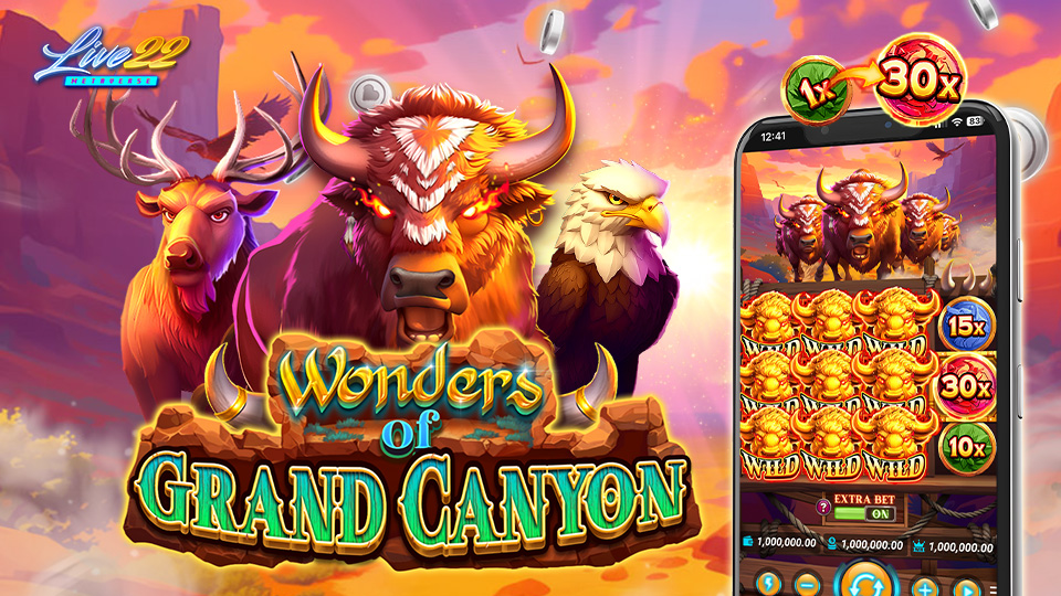 Live22 new slot game, Wonders of Grand Canyon game with animals on phone screen and coins floating