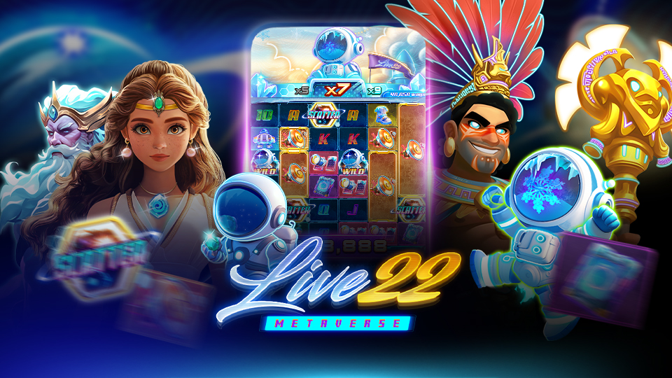 Best Mobile Slot Games for Thailand Player Colorful promotional image for Live22 Metaverse featuring animated characters, including a woman in a blue dress, a smiling man in a feathered headdress, and astronauts, with popular Thailand Mobile Slot Games at the center.