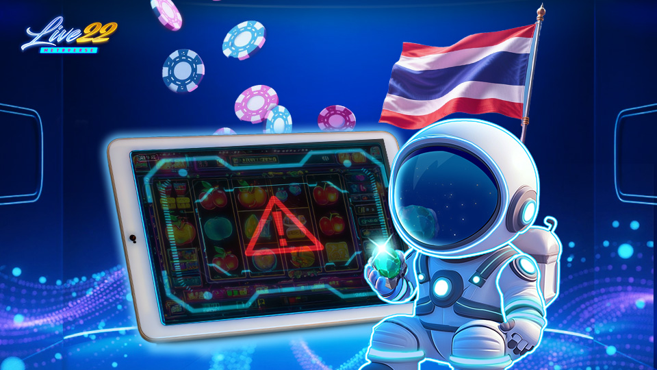 Live22 Article_Are Online Casinos Legal in Thailand Here’s What You Should Know in 2025_960x540 A cartoon astronaut stands next to a tablet displaying a warning symbol, surrounded by floating casino chips and the flag of Thailand in the background, capturing the digital, futuristic world of online casinos in Thailand.