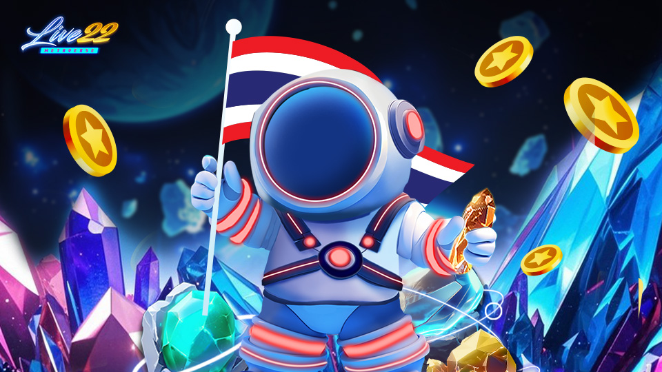 Live22 Article_Top Online Slot Games to Play in Thailand for Real Money (2025 Guide)_960x540 A cartoon astronaut holds a Thai flag and an orange crystal, surrounded by colorful gems and floating gold coins, with a stylized moon and the Live22 logo in the background—perfect for those who love to play real money online slot games in Thailand.