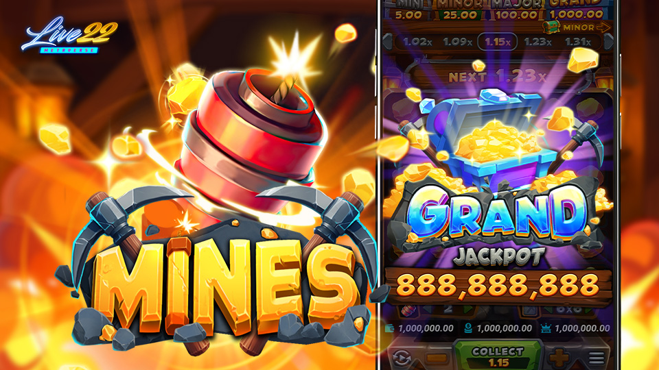 A colorful game screen features a red detonator and the word MINES, with an adjacent slot machine display showing a blue treasure chest labeled GRAND JACKPOT, hinting at an exciting new mini game inspired by minesweeper.