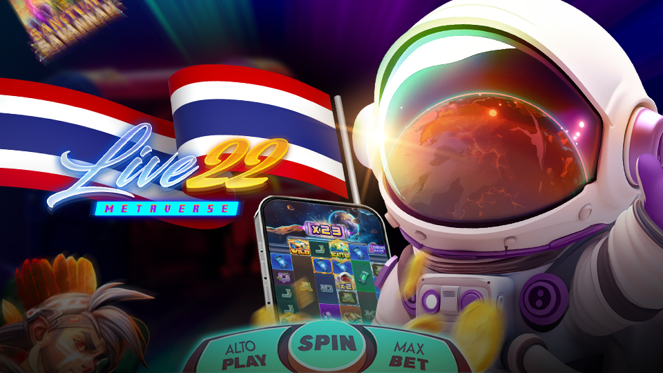 An astronaut stands beside a colorful slot machine interface with Live22 Metaverse text, a large Thai flag, and slot machine controls labeled Auto Play, Spin, and Max Bet, highlighting Live22 as one of the top slot game providers.