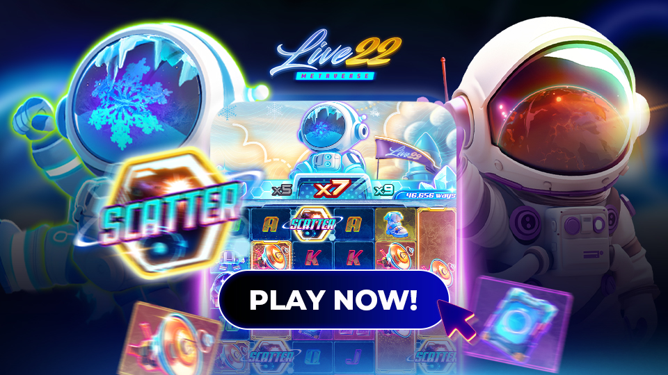 10 Ways to Enhance Your Slot Game Demo Experience. Two astronauts in space suits flank a colorful Slot Game Demo interface by Live22, featuring the word SCATTER and a large PLAY NOW! button. Neon lights and cosmic visuals create a dazzling, futuristic theme.