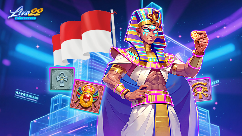 Live22 Article_iGaming Trends in Indonesia 2025 What Operators Need to Know_960x540 An illustrated Egyptian pharaoh in colorful attire stands holding a gold coin, surrounded by ancient symbols, the Indonesian flag, and bright neon lights, highlighting Live22 and the latest iGaming trends in Indonesia.