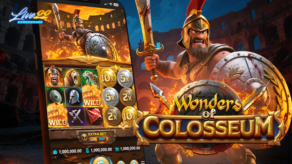 Live22_WondersColosseum_960x540 Live22 Wonders of Colosseum new slot, with a gold helmet and sword, standing in a majestic Roman Colosseum at sunset.
