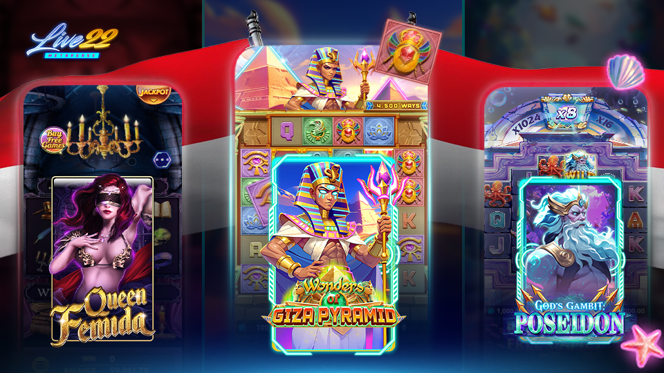 Three colorful slot machine game screens from Top Online Slot Games feature Queen Femida with a blindfolded woman, Wonders of Giza Pyramid with an Egyptian pharaoh, and Gods Gambit Poseidon with a blue-haired sea goddess.