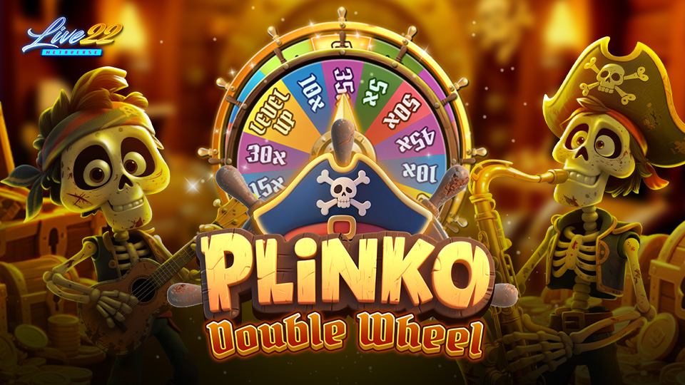 Live22 Article_iGaming_ PlinkoDoubleWheel_960x540 (1) A vibrant 2.5D graphic for Live22’s Plinko Double Wheel new mini-game, showing a golden pirate wheel and a pegboard with stacked treasure coins.