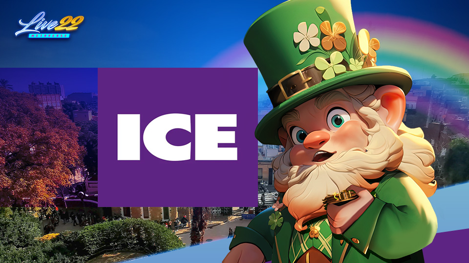 Live22’s Countdown to ICE Barcelona_960x540 A cartoon leprechaun in green stands beside a purple box labeled ICE Barcelona against a colorful background with a rainbow and cityscape. The Live22 logo is in the top left corner.