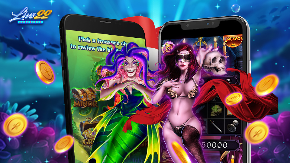 Most Popular Jackpot Slots for Indonesian Players in 2025_960x540 Two animated female characters, one Kreken Queen and one is Queen Femida, emerge from smartphone screens with gold coins, game icons, and a Live22 logo, highlighting the excitement of Popular Jackpot Slots.