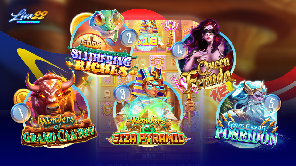 Top 5 Best Real Money Online Slots Malaysia to Play (2025 Edition)_960x540 A colorful promotional graphic for five slot games—perfect for Online Slots Malaysia fans—featuring Wonders of Grand Canyon, Slithering Riches, Queen Femida, and more, each with illustrated characters and vibrant backgrounds.
