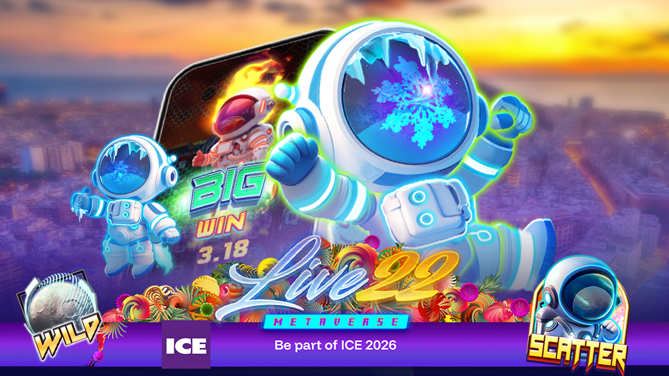 What to Expect from the New Year’s Key Trends & ICE Barcelona 2026_960x540 A colorful digital image with cartoon astronauts, ice-themed symbols, and gaming icons like WILD and SCATTER. Text reads BIG WIN 3.18, Live22 Metaverse, and What to Expect from the New Year’s Key Trends & ICE Barcelona 2026 over a sunset cityscape.