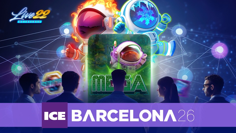 Why Networking at ICE Barcelona is a Game Changer_960x540 A digital poster shows four people facing a screen with astronaut graphics, a Live22 logo, and the words ICE Barcelona 26 in bold purple and white text at the bottom. The background features a futuristic network pattern.
