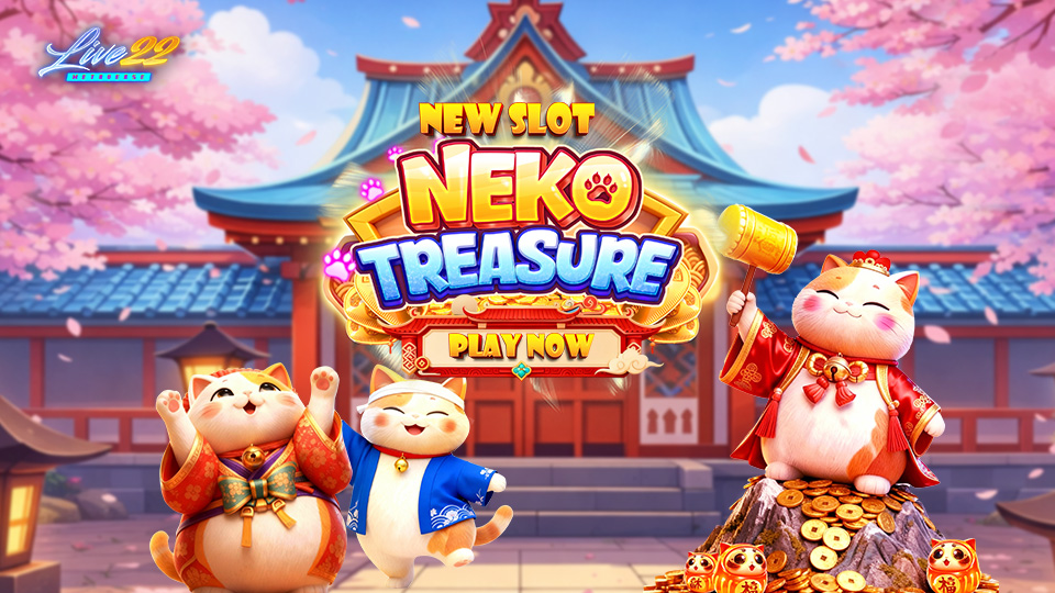 Neko Treasure slot game interface by Live22 featuring a 6x6 grid, Lucky Neko symbols, and a colorful festival theme.