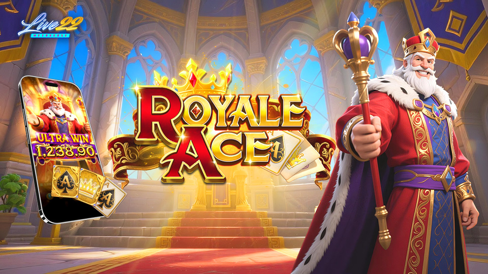 Royale Ace slot game interface by Live22 featuring a castle treasury background.