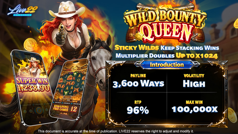 Liver22_Wild Bounty Queen_Introduction_960x540 Live22’s Wild Bounty Queen slot game interface features a female bounty hunter in a dusty saloon with glowing UI effects and a cascade multiplier wheel.