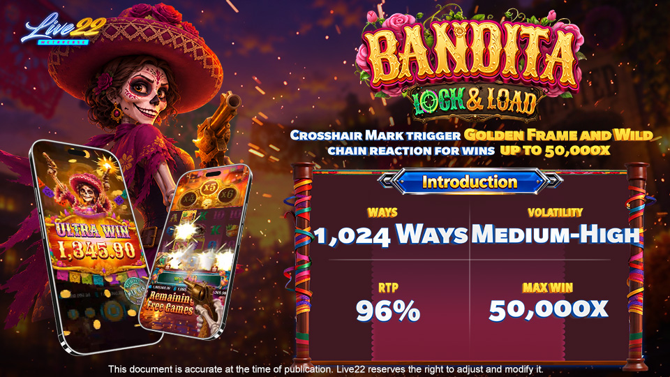 Gameplay screen of Live22's Bandita: Lock & Load slot game showing the 4x5 reel grid.